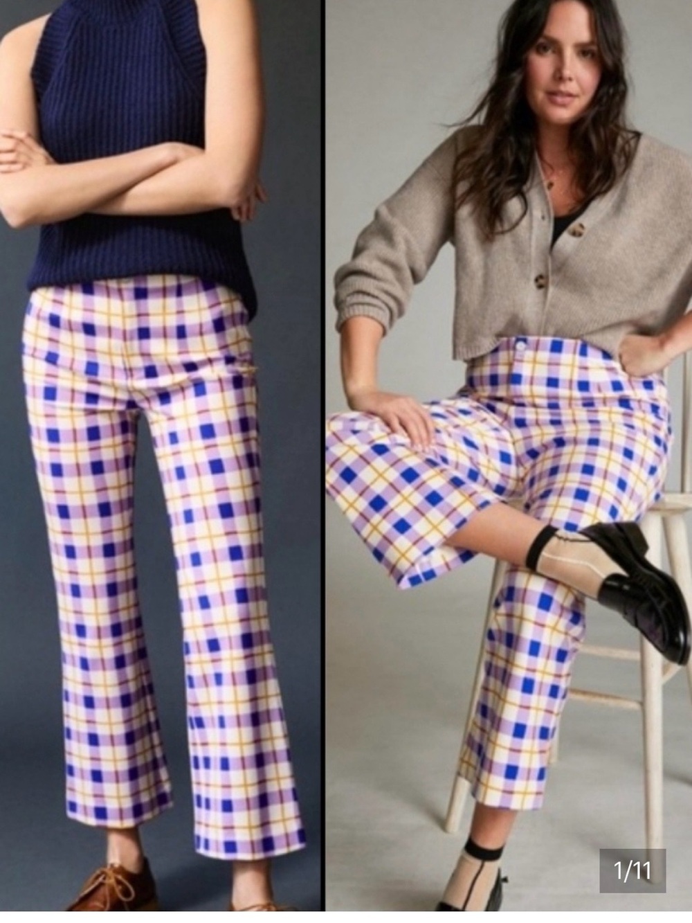 Maeve Anthropologie Susanna Flare Purple Plaid Stretch Trousers. Size SP